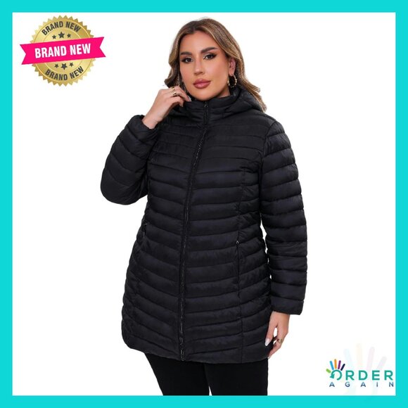 Plus Size Puffer Jacket Hooded Lightweight Packable Travel Winter Coat Chic